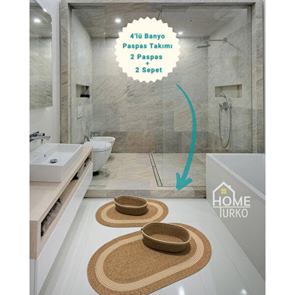 Home Turko 2'li Takım Jüt, Hasır, Paspas, Banyo Paspası, Banyo Paspas Takımı ve Banyo Sepeti - Bej Klozet Takımı Fiyatı