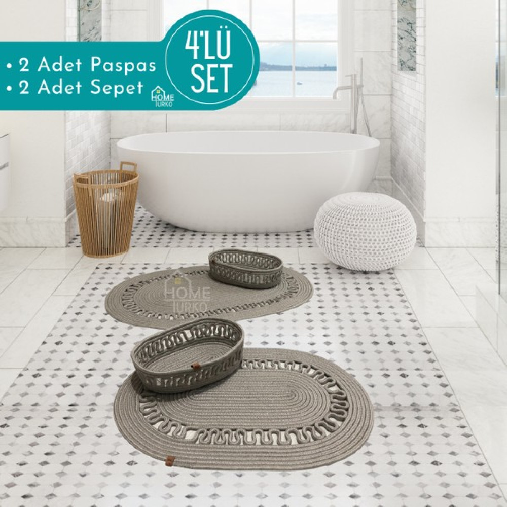 Home Turko 2'li Takım Jüt, Hasır, Paspas, Banyo Paspası, Banyo Paspas Takımı ve Banyo Sepeti - Gri Klozet Takımı Fiyatı