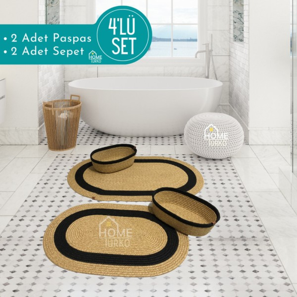 Home Turko 2'li Takım Jüt, Hasır, Paspas, Banyo Paspası, Banyo Paspas Takımı ve Banyo Sepeti - Siyah Klozet Takımı Fiyatı