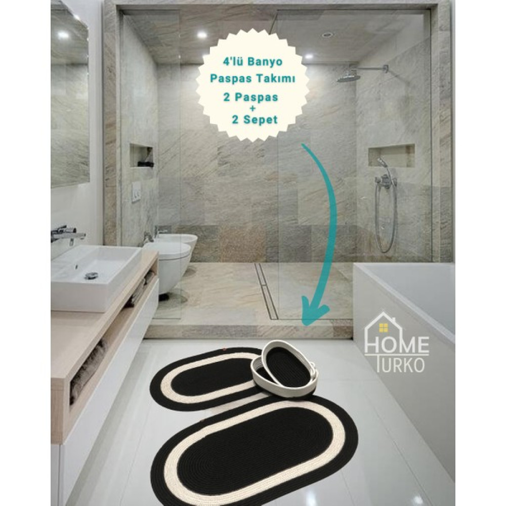 Home Turko 2'li Takım Jüt, Hasır, Paspas, Banyo Paspası, Banyo Paspas Takımı ve Banyo Sepeti - Siyah - Beyaz Klozet Takımı Fiyatı