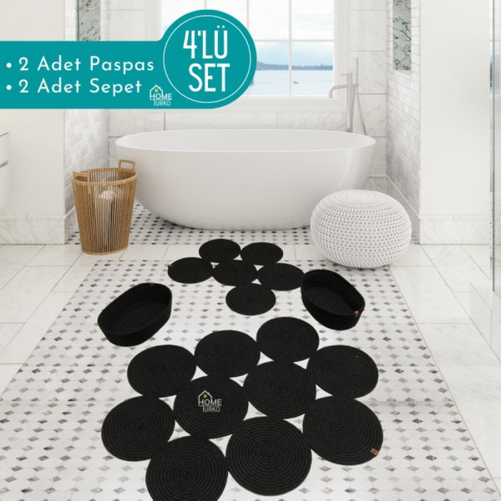 Home Turko 4'lü Takım Jüt, Hasır, Paspas, Banyo Paspası, Banyo Paspas Takımı ve Banyo Sepeti, Banyo Tekstili - Siyah Klozet Takımı Fiyatı