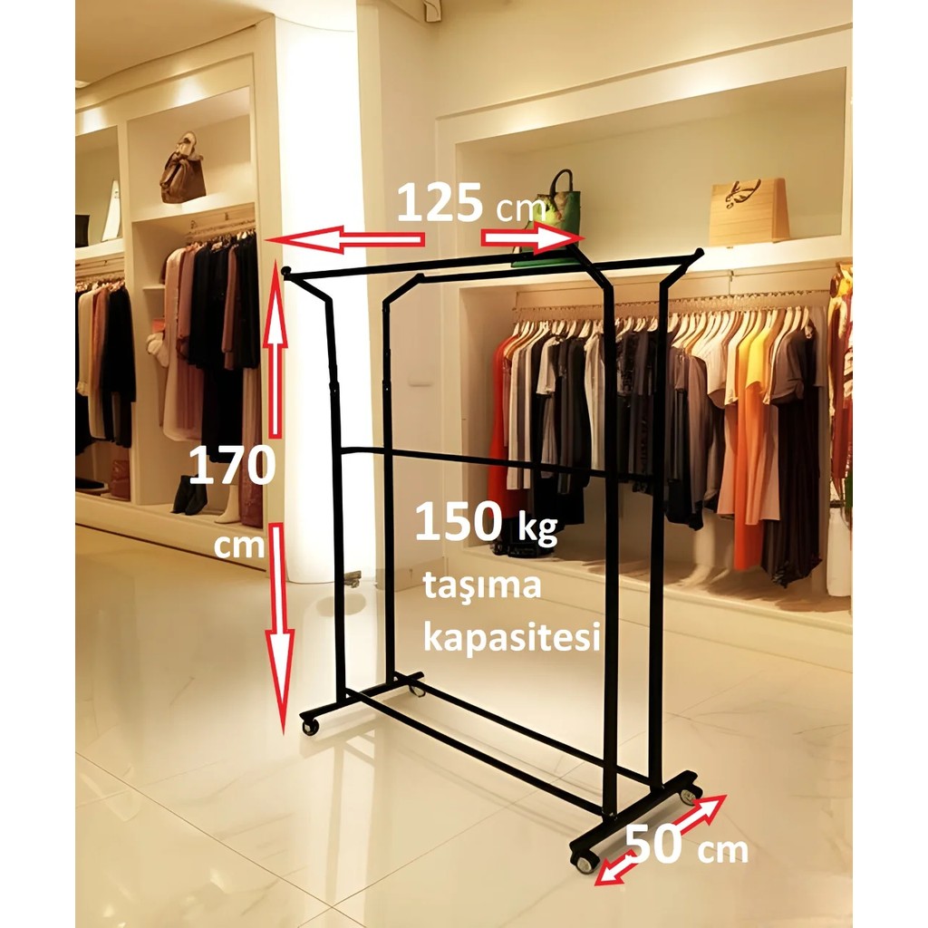 Homebella Premium 170 cm Çelik Konfeksiyon 125 cm En Elbise Askılık Tekerlekli Demonte Eşek Portmanto Hanger Rack Diğer Fiyatı