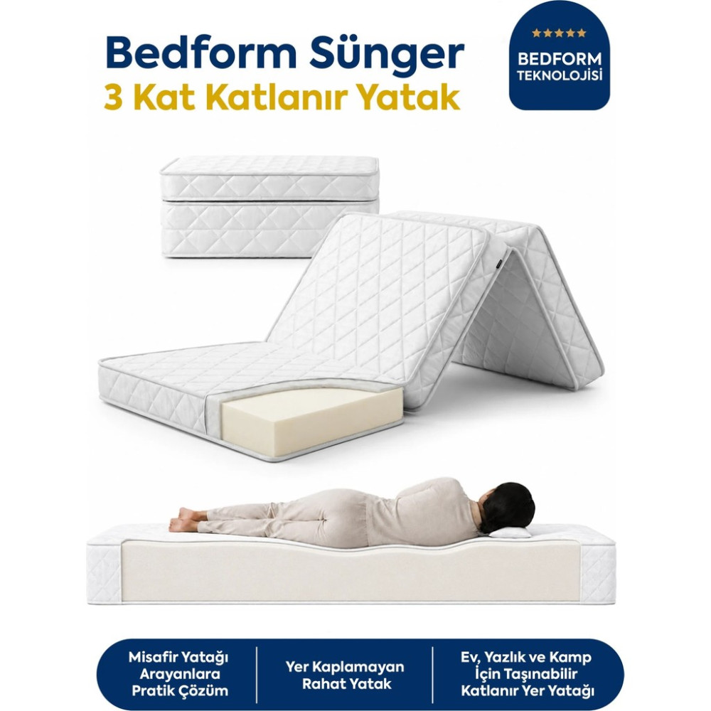 Homedius Bedform Sünger 3 Kat Katlanır Yatak 90X190X12 - Beyaz - 90 x 190 cm Yatak Fiyatı