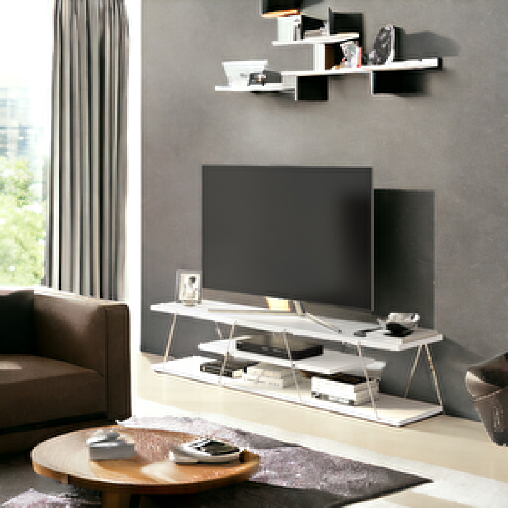 Homedora Tessa Modern Tv Ünitesi Beyaz-Krom Tv Ünitesi / Sehpası Fiyatı