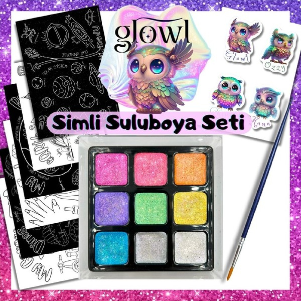 HomedU Glowl Simli, Organik, El Yapımı, Suluboya 9'lu Set, Boyama Kağıtları, Sticker Seti, Fırça Hediyeli Sulu Boya Fiyatı