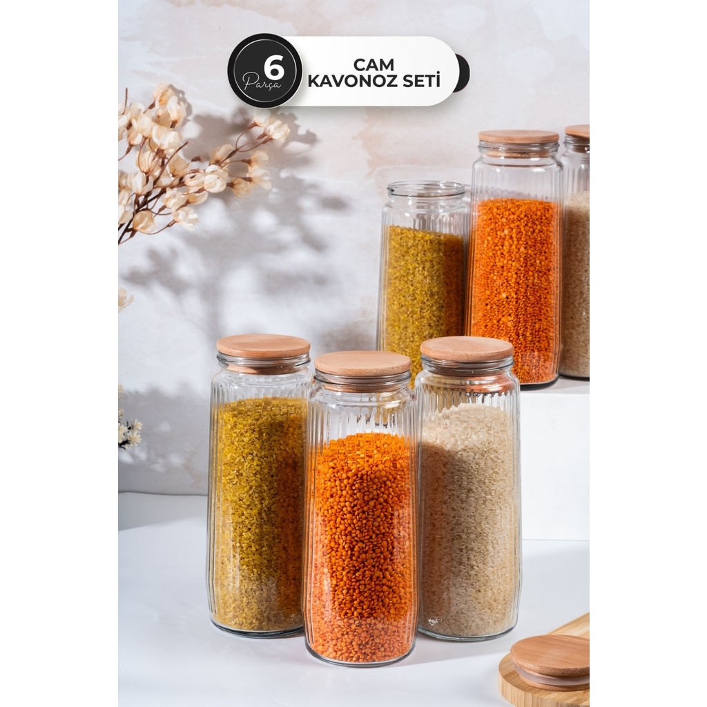 Homekolik 6’lı Ahşap Kapaklı Uzun Cam Kavanoz Seti 1500 ml – Bakliyat/makarna/un-Şeker Saklama Kabı Seti - 22 Eşya Saklama / Düzenleme Fiyatı