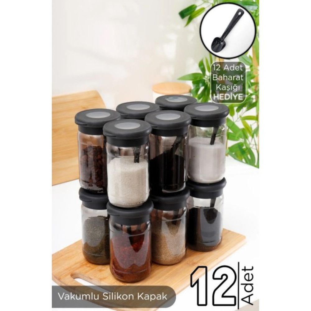 Homenıva 12 Adet Black Pearl Vakumlu Silikon Kapaklı Cam Baharat Seti - 12 Adet Kaşık Hediyeli Baharat Setleri & Baharatlıklar Fiyatı