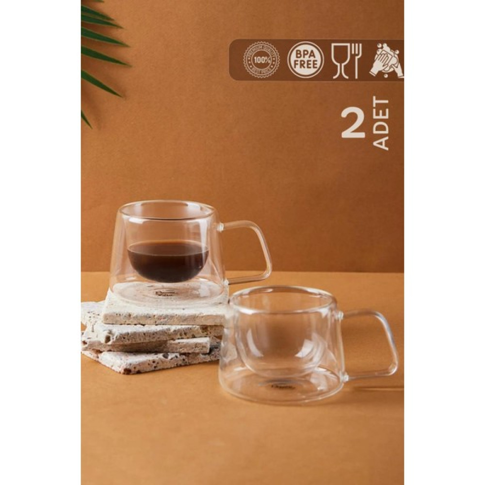 Homenıva 2 Adet Çift Cidarlı Kulplu Kupa Bardak 200 ml - Şeffaf Fincan / Bardak / Kahve Takımı Fiyatı