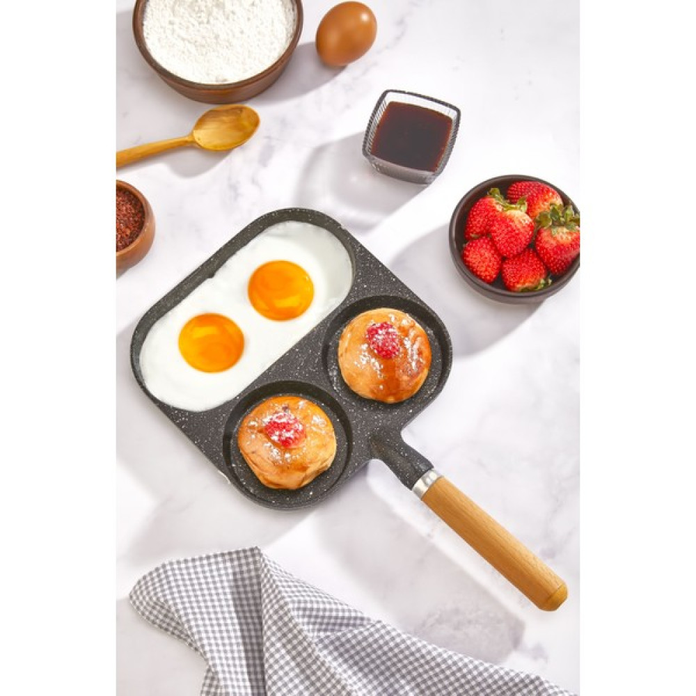HOMENIVA 3 Gözlü Döküm Pankek Krep Omlet Tavası, Sunumluk Döküm Tava - Renk - Siyah Tavalar Fiyatı