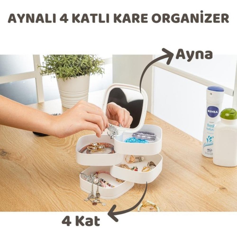 Homenıva Aynalı 4 Katlı Dönebilen Kare Takı Organizeri - Takı Düzenleyici Eşya Saklama Kutusu Fiyatı
