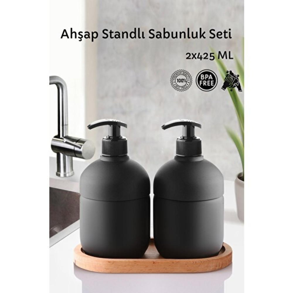 Homenıva Cool Ahşap Standlı 2'li Siyah Sıvı Sabunluk Seti – El ve Bulaşık Sabunluk Fiyatı