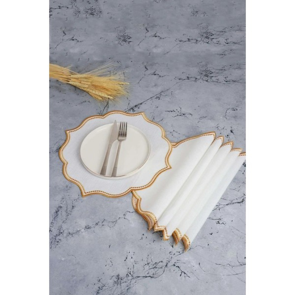 HOMENIVA Gold 6 Adet Nakışlı Keten Amerikan Servis - Keten Supla HMNV-3813-GLD-SPL-KISA - Gold - Krem - 36 x 36 cm Amerikan Servis Fiyatı