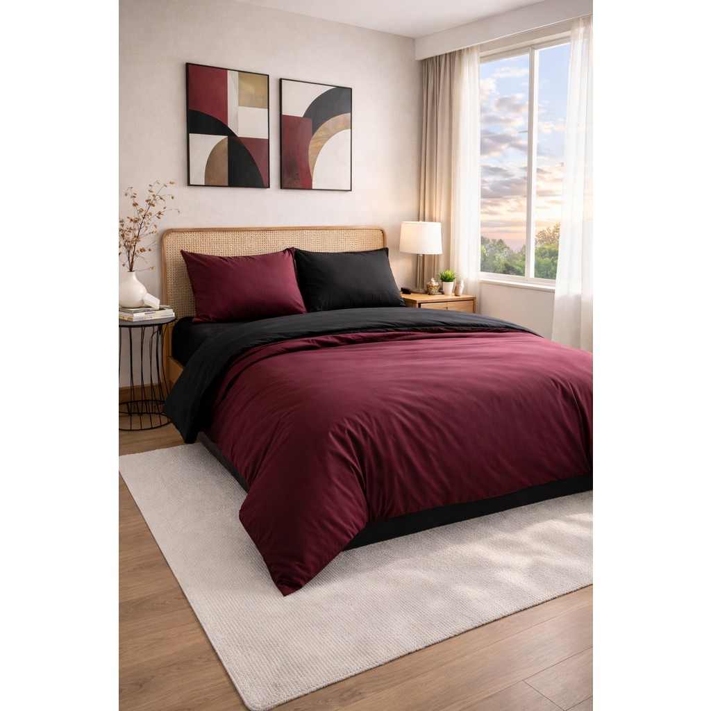 Homenup 150X200 Çift Kişilik Nevresim Takımı Lastikli Çarşaf Çift Yön Bordo-Siyah - Bordo - Siyah - 150 x 200 cm Nevresim Takımı Fiyatı