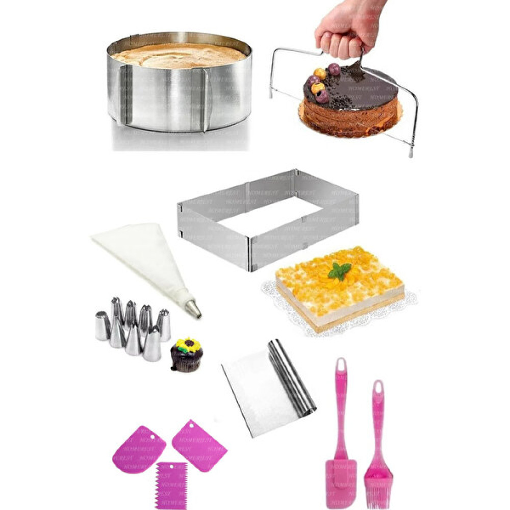 Homerest 10 Adet Pasta Kek Seti, Ayarlanabilir Kalıplar, Kesme Teli, Krema Torbası, Kesici ve Şekillendirici Kek Kalıpları Fiyatı