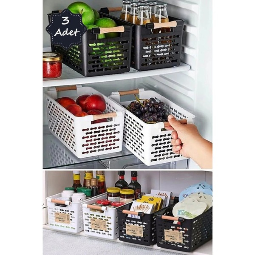 Homerest 3 Adet Ahşap Saplı Plastik Sepet, Ahşap Saplı Sepet Organizer Düzenleyici Buzdolabı Düzenleyici Saklama Kapları Fiyatı