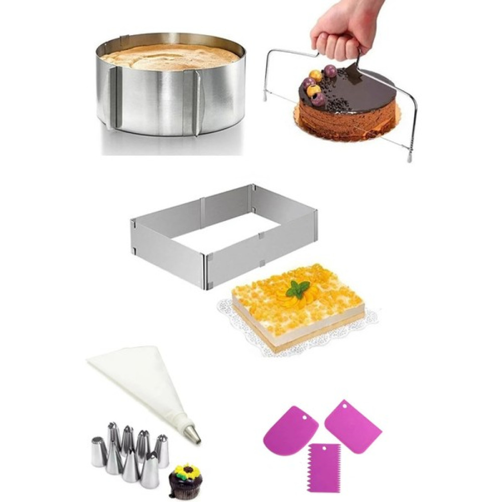 Homerest 7 Parça Pasta Seti, Ayarlanabilir Yuvarlak ve Kare 9 cm Ekmek Kek Pasta Kesme Teli, Krema Torbası Tatlı ve Pasta Malzemeleri Fiyatı