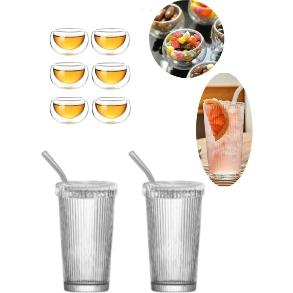 Homerest 8 Adet Cidarlı Çerezlik ve Pipetli Mika Kahve Bardağı Cam Pipetli Bardak Cidarlı Sosluk Kahve Sunum Fincan / Bardak / Kahve Takımı Fiyatı