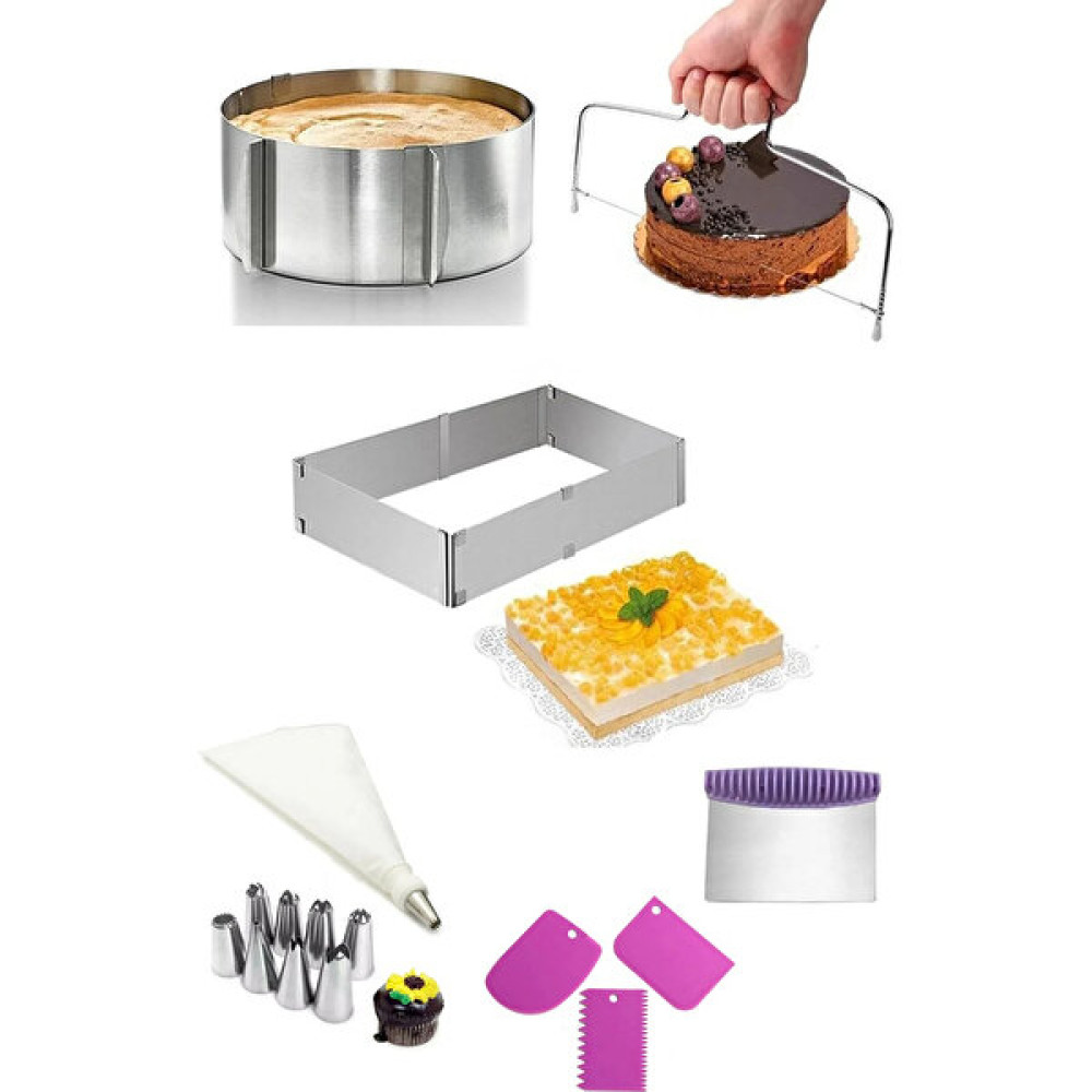 Homerest 8 Parça Pasta Seti, Ayarlanabilir Yuvarlak ve Kare 9 cm Kek Kesme Teli, Krema Torbası Şekillendirici Tatlı ve Pasta Malzemeleri Fiyatı