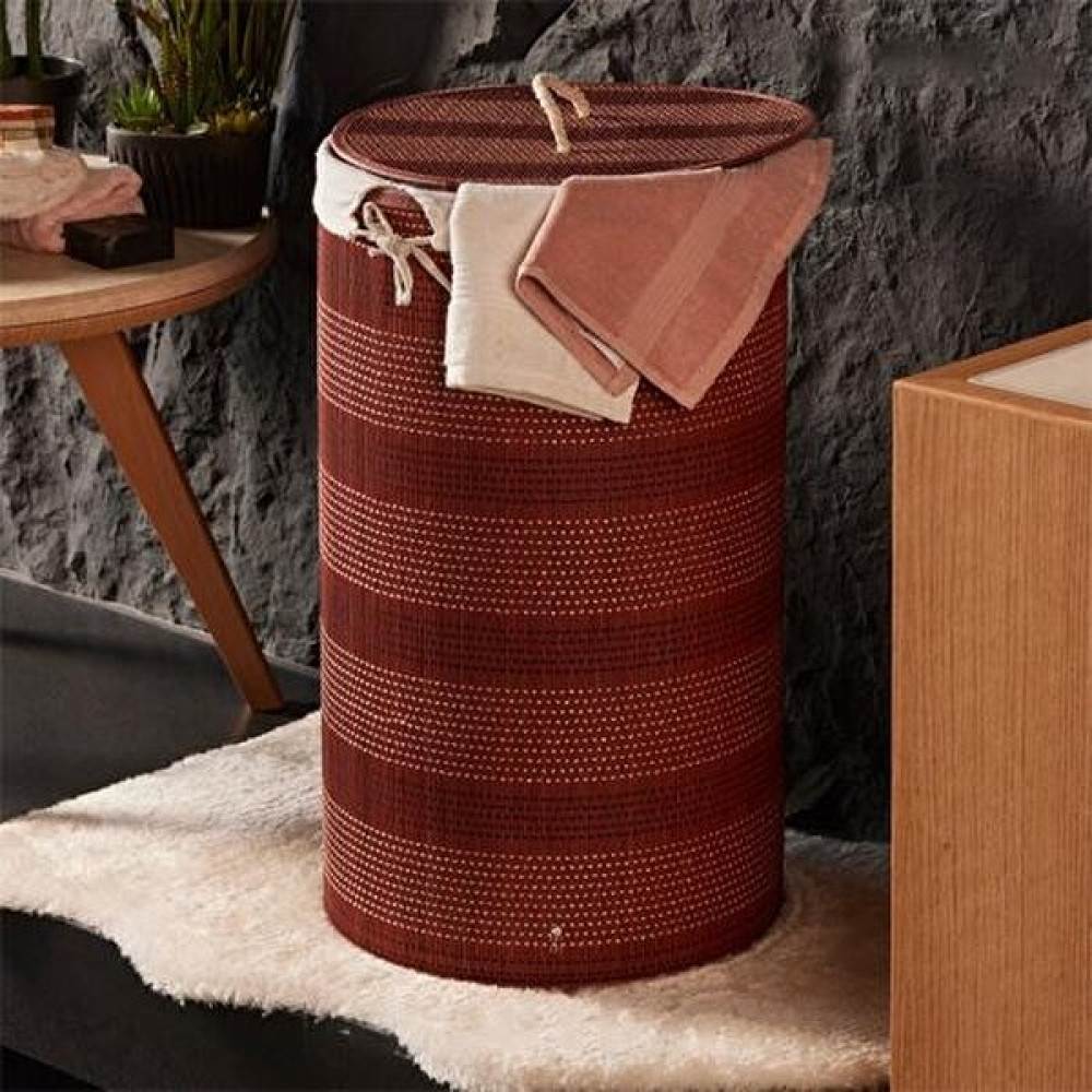 Hometarz Kirli Çamaşır Sepeti Bambu Hasır Desenli Çamaşır Selesi Kapaklı Kirli Sepeti Yuvarlak 35X60 - Bordo Sepet Fiyatı