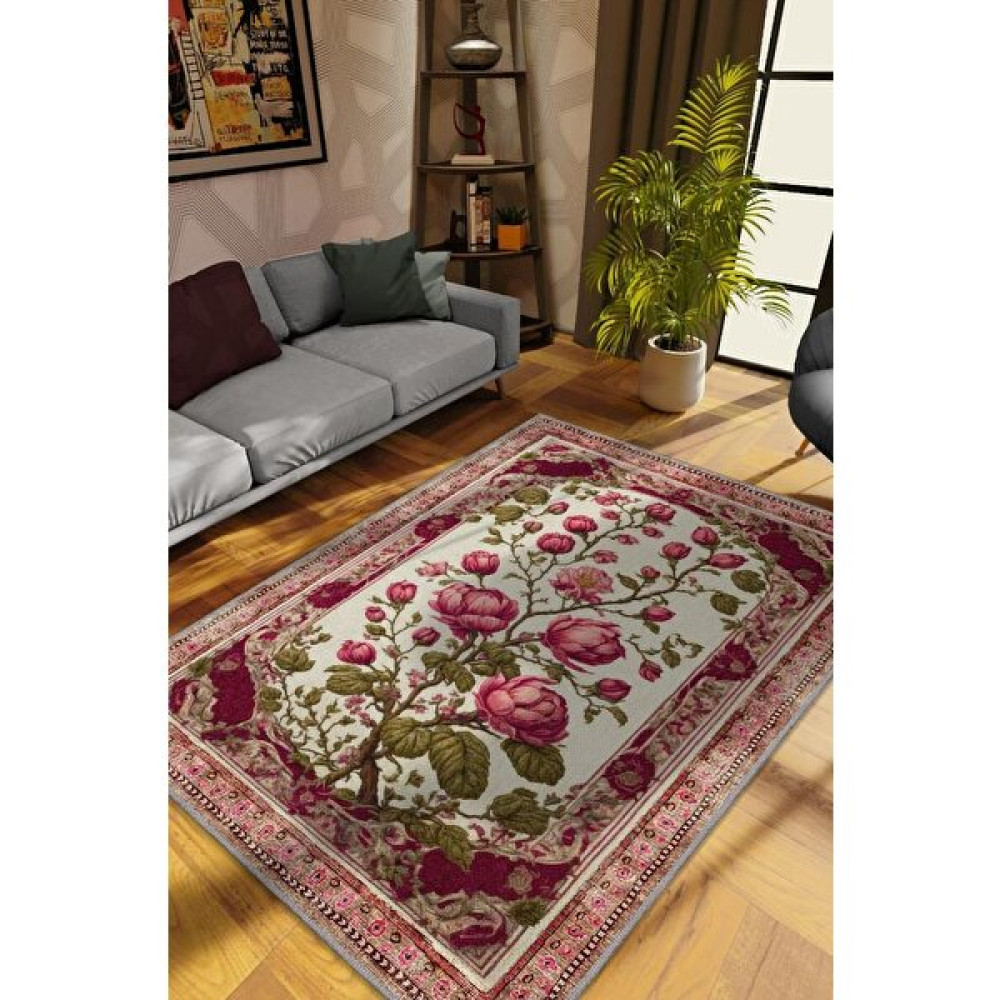 Homshtag Art Deco Erguvan Çiçeği Vintage Halı Görünümlü Dijital Baskı Pembe Halı,Rustik Çiçekli Halı - Renkli - 200 x 300 cm Salon Halısı Fiyatı