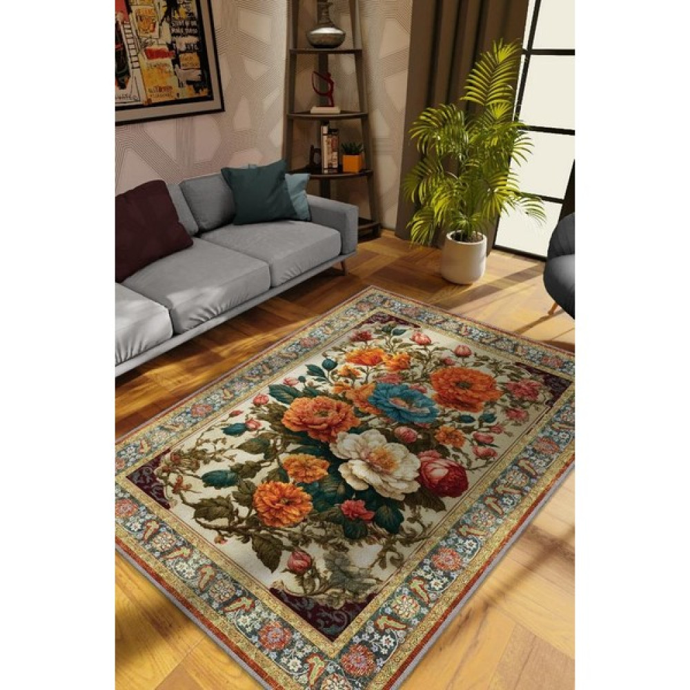 Homshtag Art Deco Renkli Çiçekler Vintage Halı Görünümlü Dijital Renkli Halı,Rustik Çiçekli Halı - 120 x 180 cm Salon Halısı Fiyatı