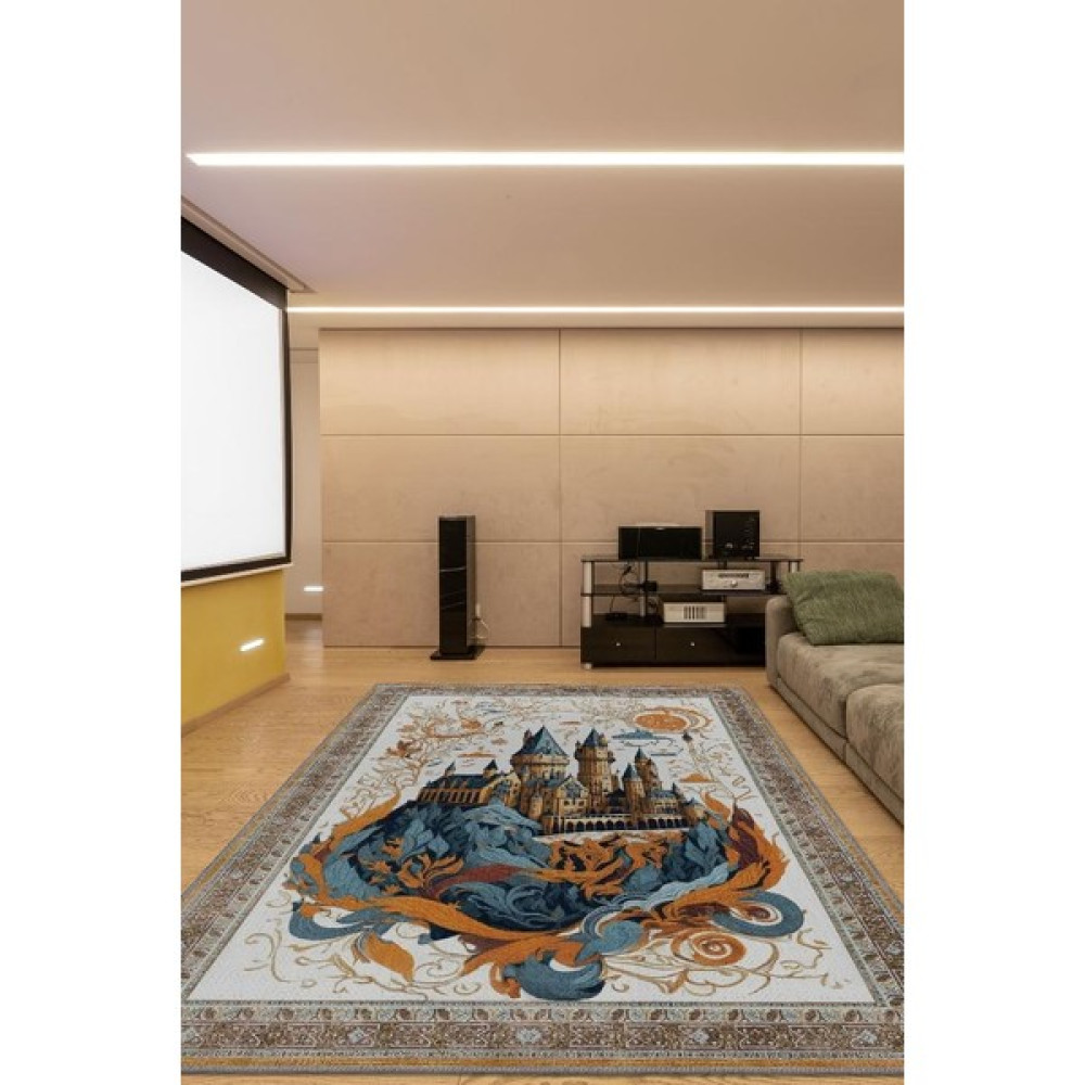 Homshtag Hogwarts Rüyası Bordürlü İran Halısı Tarzı Mavi Turuncu Bej Renkli Harry Potter Halısı Tasarım Çocuk Halısı - 80 x 120 cm Salon Halısı Fiyatı