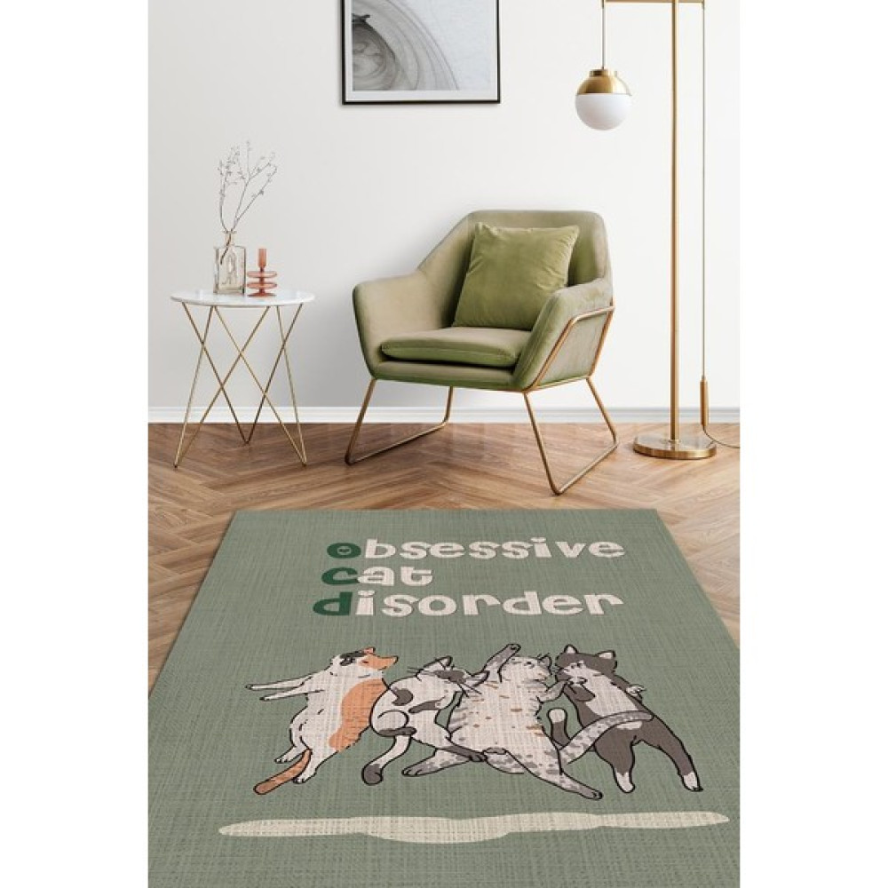 Homshtag Opsesif Kedi Bozukluğu Yeşil Renkli Salon Halısı Minimal Oturma Odası Halısı Kedili Halı - 80 x 120 cm Salon Halısı Fiyatı