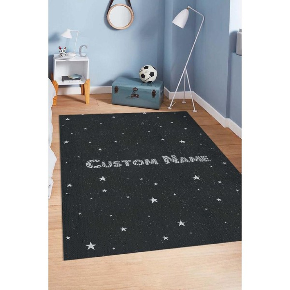 Homshtag Yıldızlı İsimli Kişiye Özel Kişiselleştirilebilir Dokuma Tabanlı Yıkanabilir Dekoratif Ev Halısı - 120 x 180 - Siyah Bebek Odası Halı Fiyatı