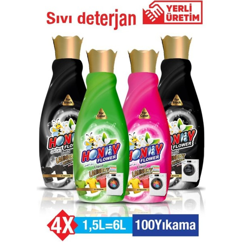 Honey Flower Sıvı Deterjan Renkliler ve Siyahlar Için Hassas Bakım Sıvı Çamaşır Deterjanı 4 x 1,5 Lt (100 Yıkama) - 6 lt Çamaşır Deterjanı Fiyatı
