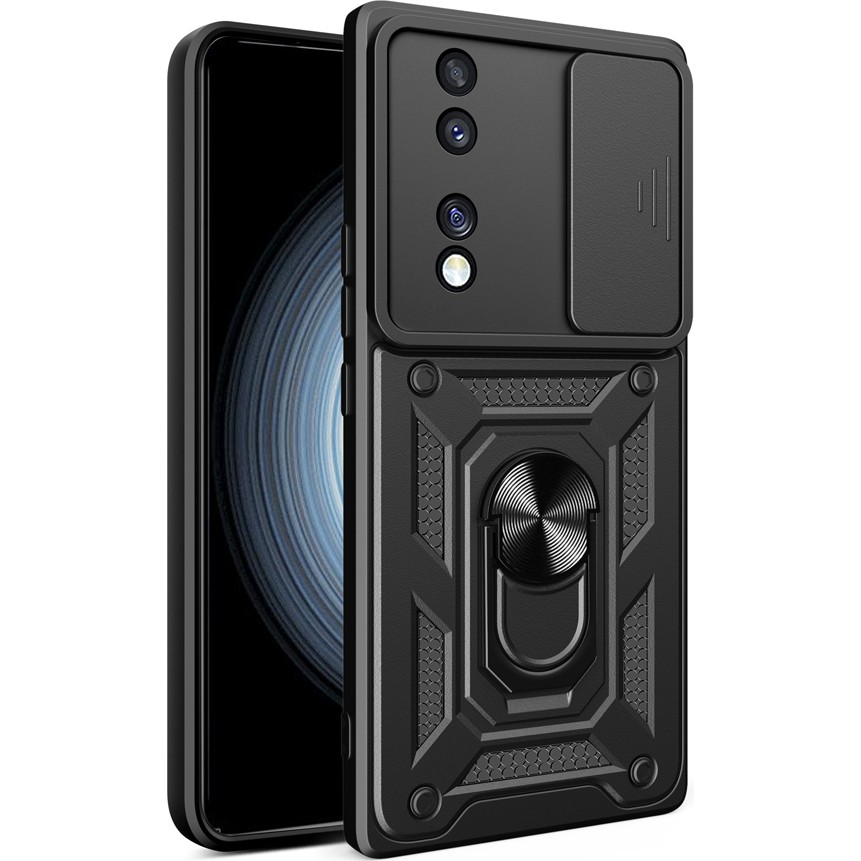 Honor 70 Uyumlu Kılıf Magnetik Standlı Kamera Korumalı Sürgülü Kapak-Siyah - Siyah Cep Telefonu Kılıfı Fiyatı