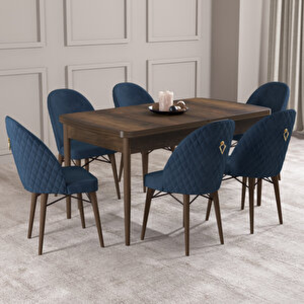 Hoopsii Arya Barok Desen 70x114 Mdf Açılabilir Mutfak Masası Takımı 6 Adet Sandalye Lacivert Yemek & Mutfak Masası Fiyatı