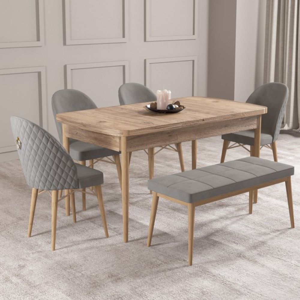 Hoopsii Calvin Atlantik Çam 80X132 Mdf Açılabilir Mutfak Masası Takımı 4 Sandalye, 1 Bench - Gri - 80 x 132 cm Masa - Sandalye Seti / Takımı Fiyatı
