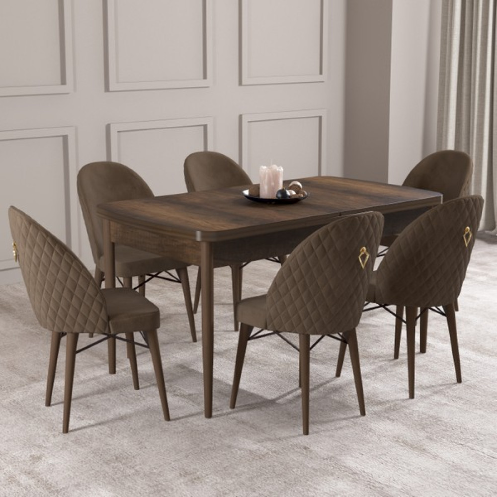 Hoopsii Calvin Barok Desen 80X132 Mdf Açılabilir Mutfak Masası Takımı 6 Adet Sandalye - Kahverengi Masa - Sandalye Seti / Takımı Fiyatı