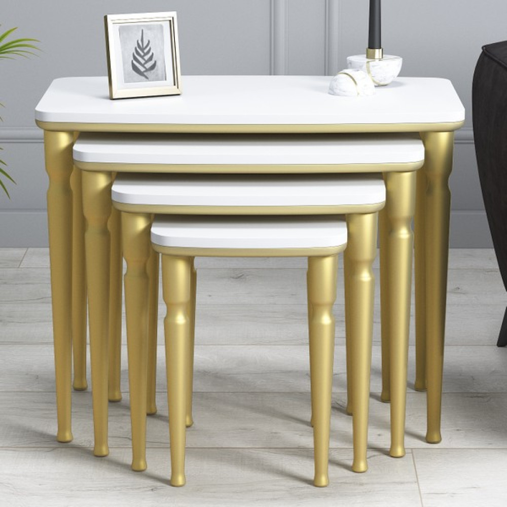 Hoopsii Imaj Mdf ve Lake Boya, Beyaz-Gold 4lü Zigon Sehpa Takımı, Gold Ayak Zigon Sehpa Fiyatı