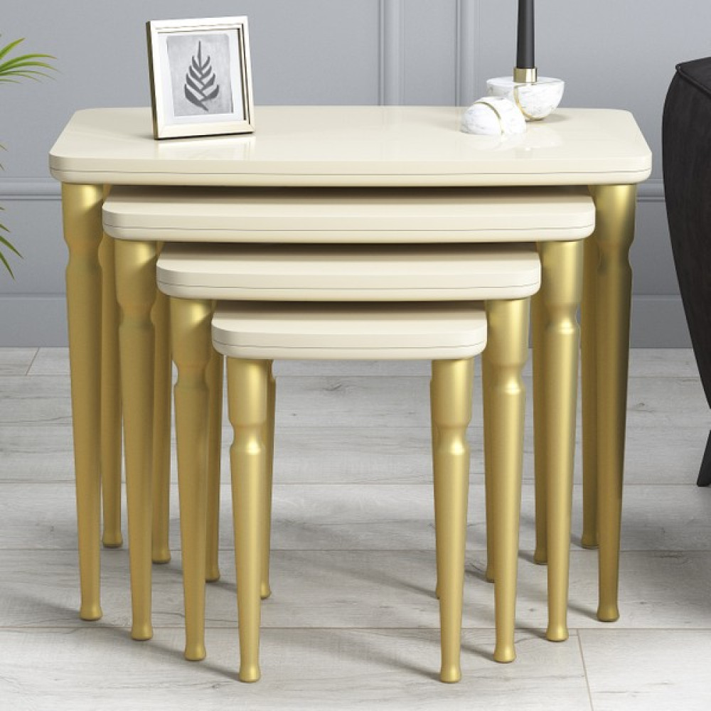 Hoopsii Imaj Mdf ve Lake Boya, Krem 4lü Zigon Sehpa Takımı, Gold Ayak Zigon Sehpa Fiyatı