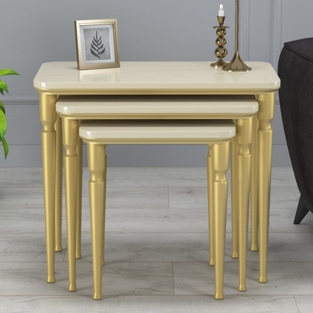 Hoopsii Imaj Mdf ve Lake Boya, Krem-Gold 3lü Zigon Sehpa Takımı, Gold Ayak Zigon Sehpa Fiyatı