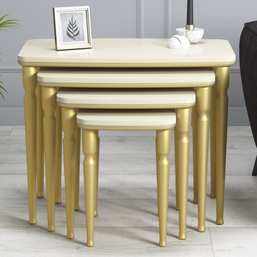 Hoopsii Imaj Mdf ve Lake Boya, Krem-Gold 4lü Zigon Sehpa Takımı, Gold Ayak Zigon Sehpa Fiyatı