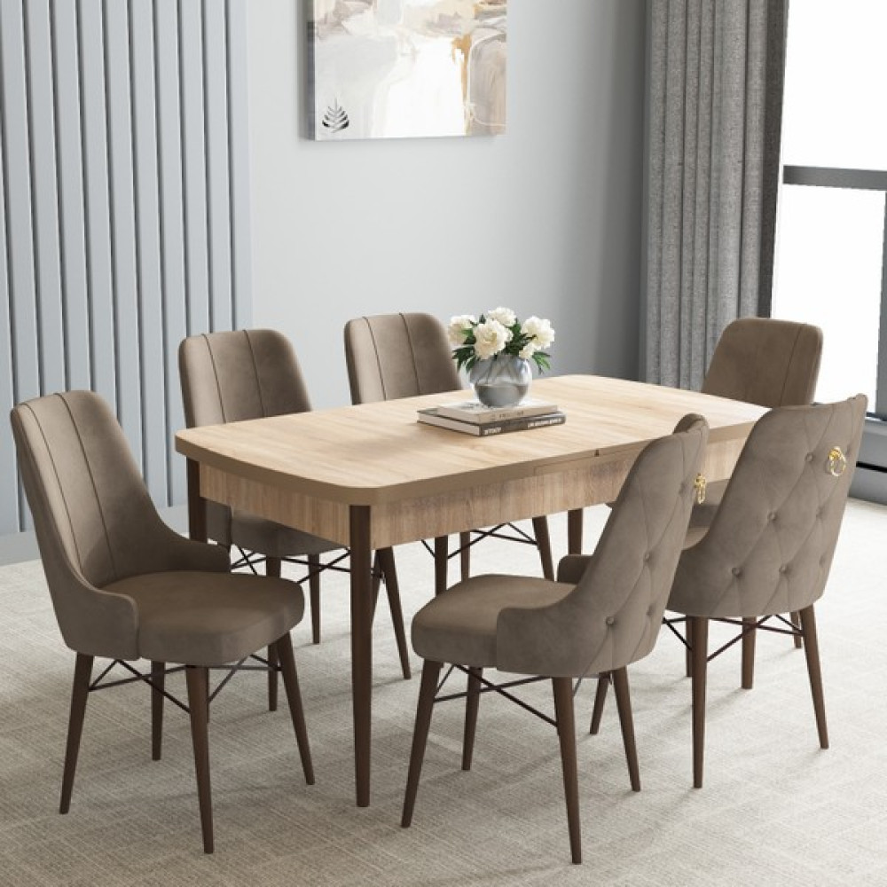 Hoopsii Jusie Meşe Desen 80X132 Açılabilir Mutfak Masası Takımı 6 Adet Sandalye - Cappuccino Masa - Sandalye Seti / Takımı Fiyatı
