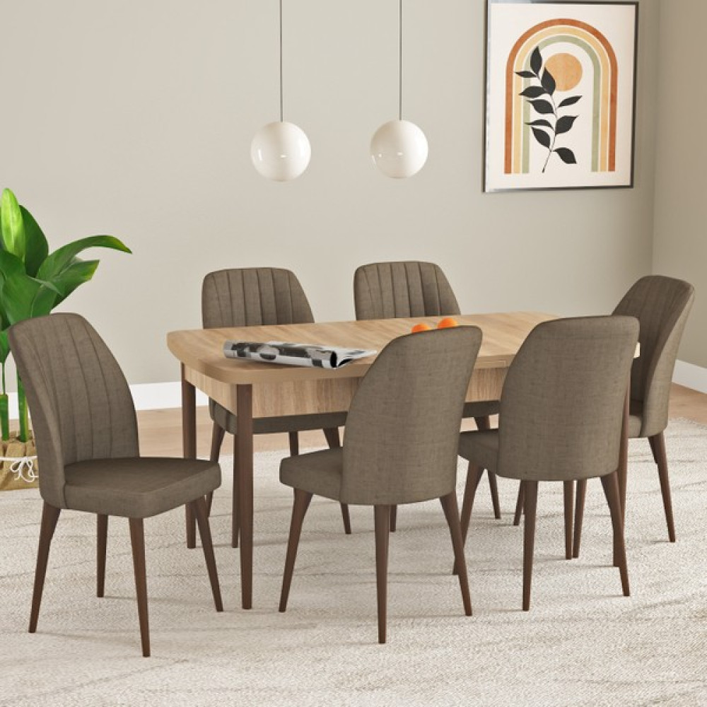 Hoopsii Laris Meşe Desen 80X132 Mdf Açılabilir Mutfak Masası Takımı 6 Adet Sandalye - Haki Masa - Sandalye Seti / Takımı Fiyatı