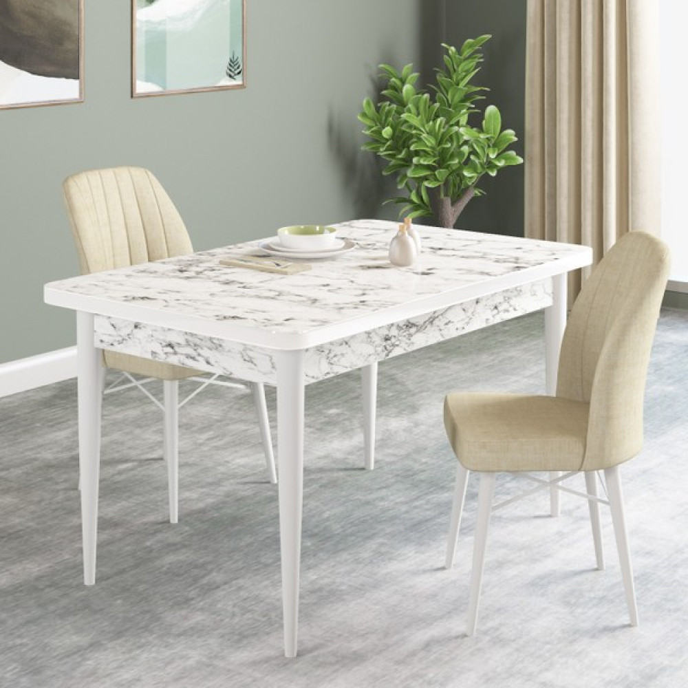 Hoopsii Pista Beyaz Mermer Desen 70X110 Sabit Mdf Mutfak Masası Takımı 2 Adet Sandalye - Krem Yemek & Mutfak Masası Fiyatı