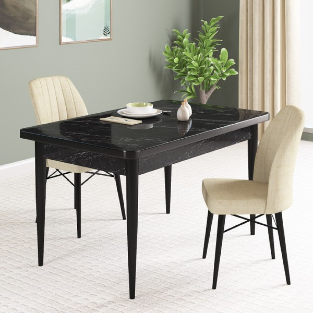 Hoopsii Pista Siyahmrmr Mermer Desen 70X110 Sabit Mdf Mutfak Masası Takımı 2 Adet Sandalye - Krem Yemek & Mutfak Masası Fiyatı