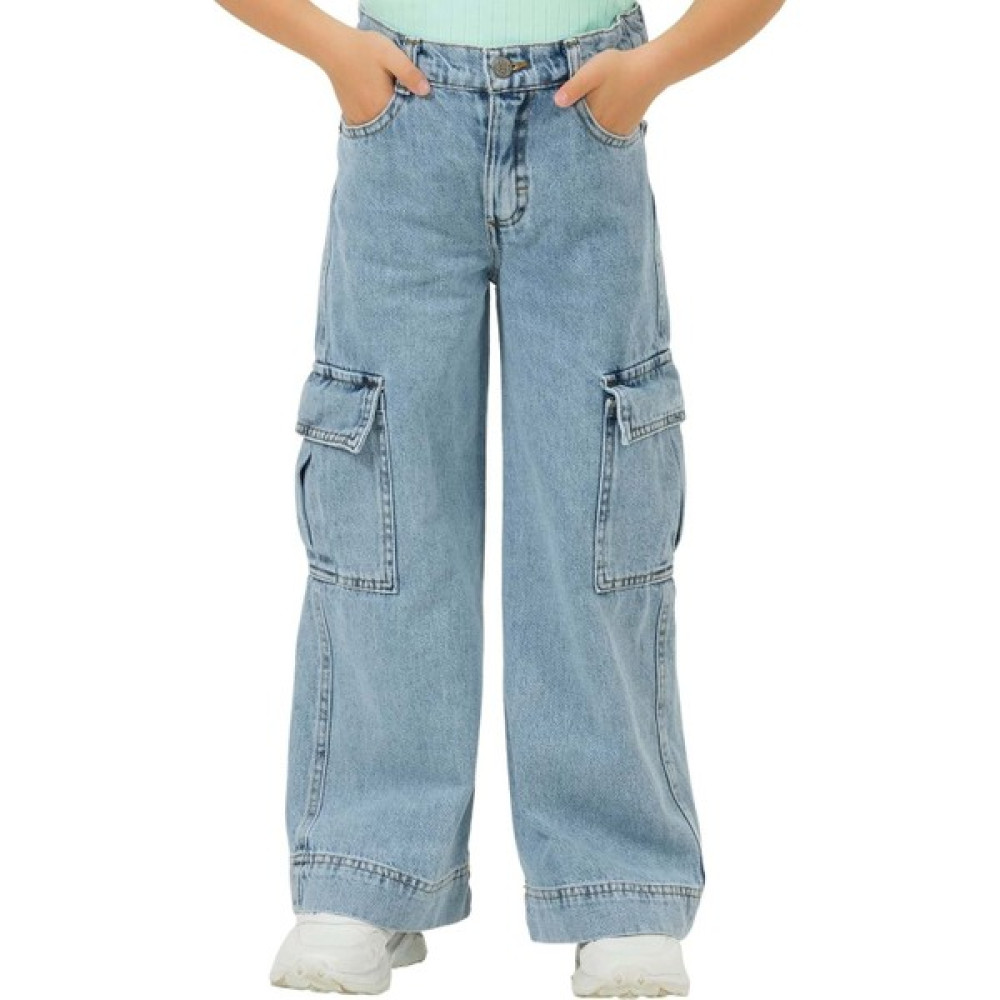 Hopi Kids Kargo Cepli Ayarlanabilir Belli Bol Paça Kız Kot Pantolon - Mavi - 5-6 Yaş Kız Çocuk Pantolon Fiyatı