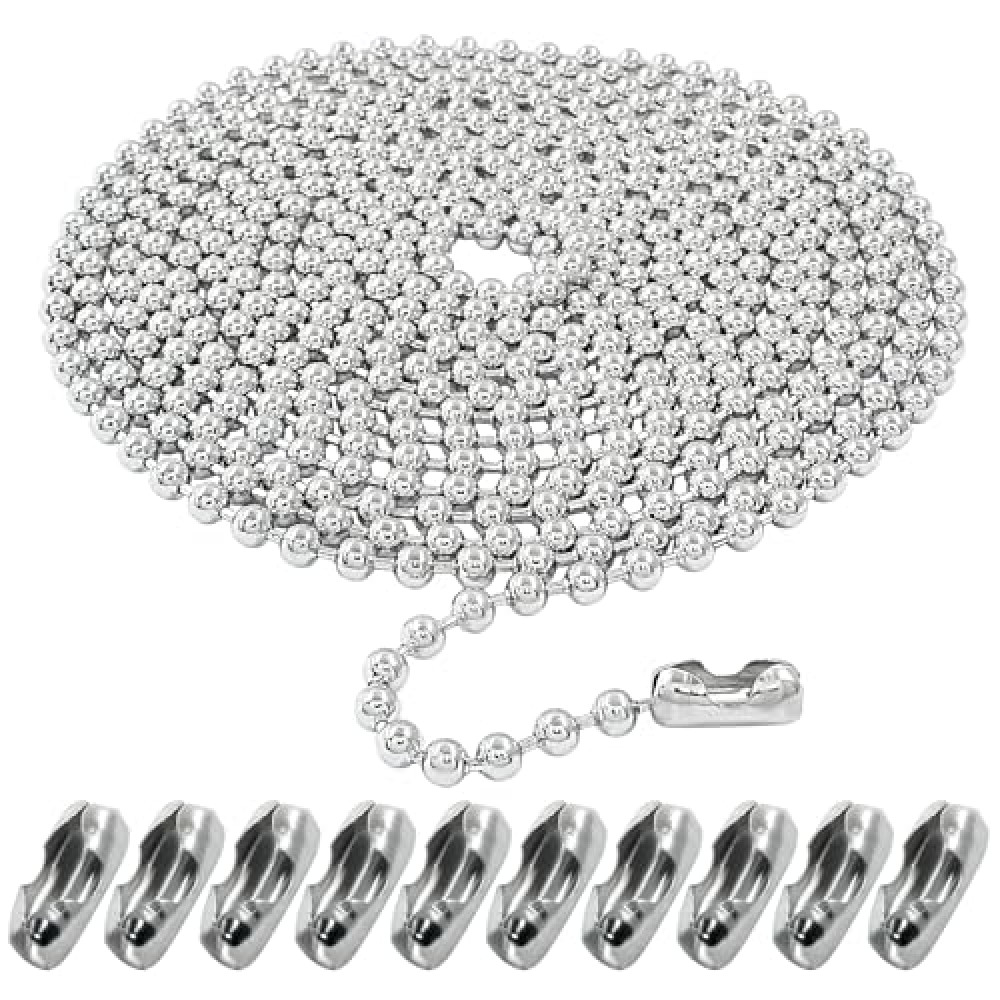 Hordion 118" Stainless Steel Ball Chain, 4.5mm Beaded Pull Chain Extension Dog Tag Chain with 10 Connectors for Window Blind Vertical Replacement, Silver