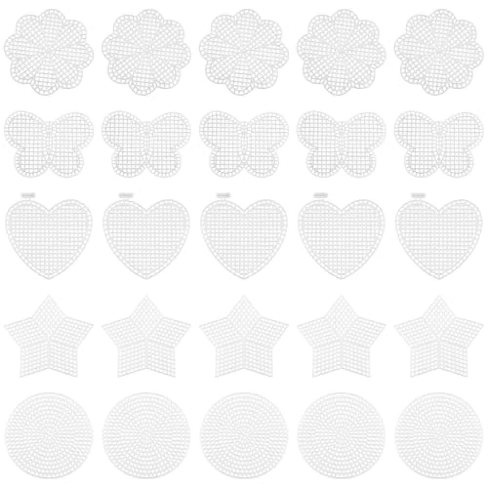 Hordion 25 Pcs 7 Count 5 Shapes Mesh Plastic Canvas Sheets kit Including Circles, Butterflies, Hearts, Stars, Flowers, Blank Needlepoint Canvas Kit for Embroidery, Cross Stitch, Knit, Yarn Crafting