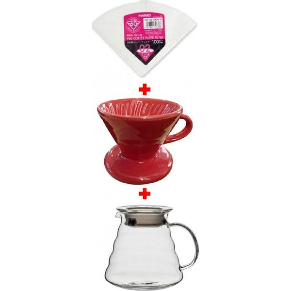 Horecamark V60 No: 2 Porselen Dripper Kırmızı + Cam Kahve Servis Potu 600 mm + Hario V60 No: 2 Filtre Kağıdı 100'LÜ Paket Çay / Çaydanlık Setleri Fiyatı