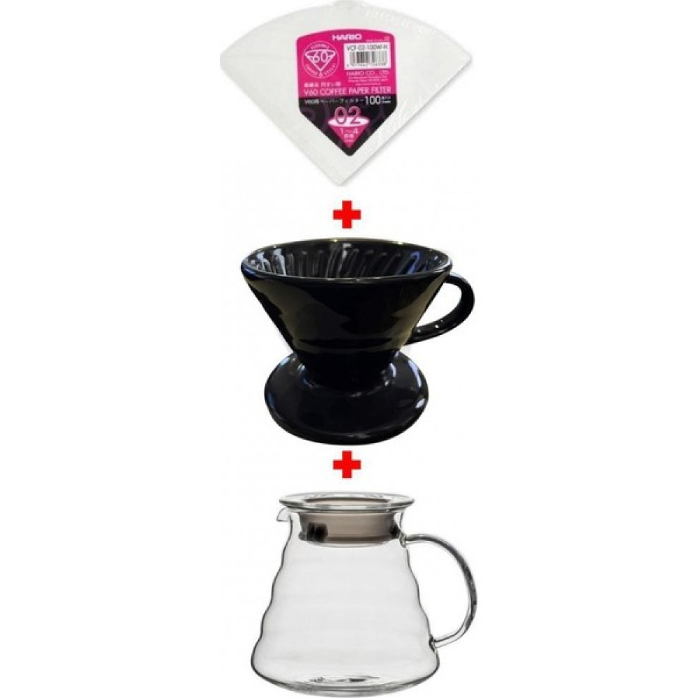 Horecamark V60 No: 2 Porselen Dripper Siyah + Cam Kahve Servis Potu 600 mm + Hario V60 No: 2 Filtre Kağıdı 100'LÜ Paket Çay / Çaydanlık Setleri Fiyatı