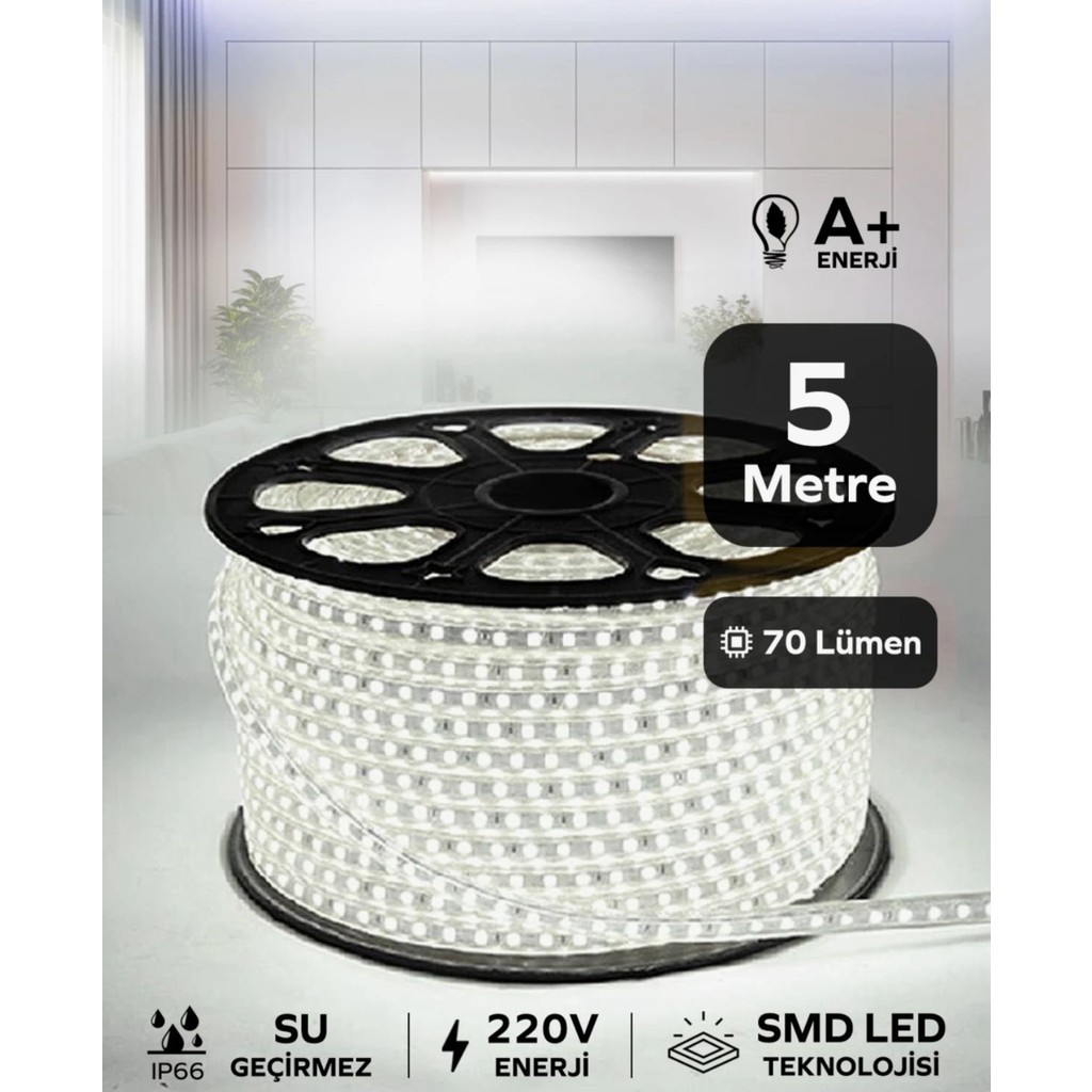 Hortum Esnek Serit LED Gün Isigi + 220V Fiş 1,2,3,4,5,10,15,20,25,50,100 Metre - 5 m - Beyaz Led Aydınlatmalar Fiyatı