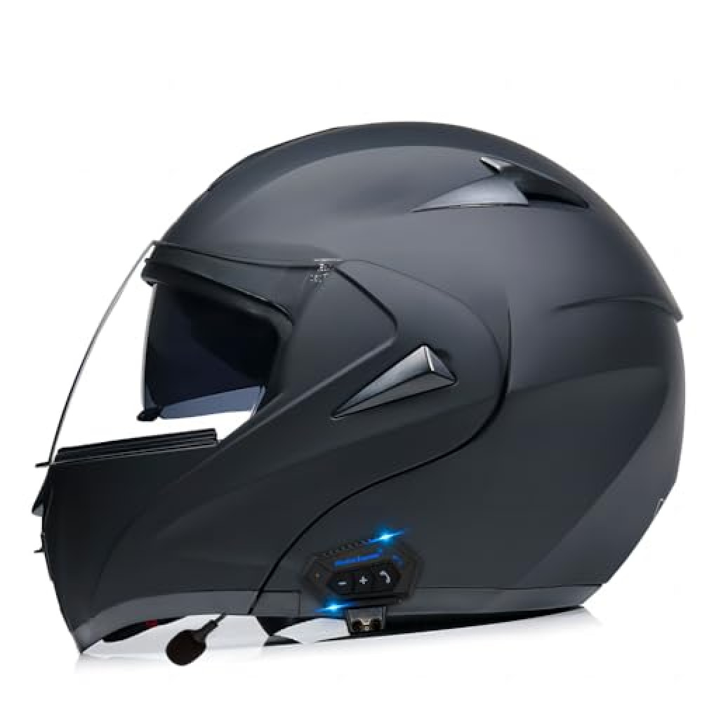 Horudot Bluetooth Motorcycle Helmets Modular Dual Visor Flip-up Full Face DOT Approved Motorbike Street Racing Helmets (Matt Black, Medium)