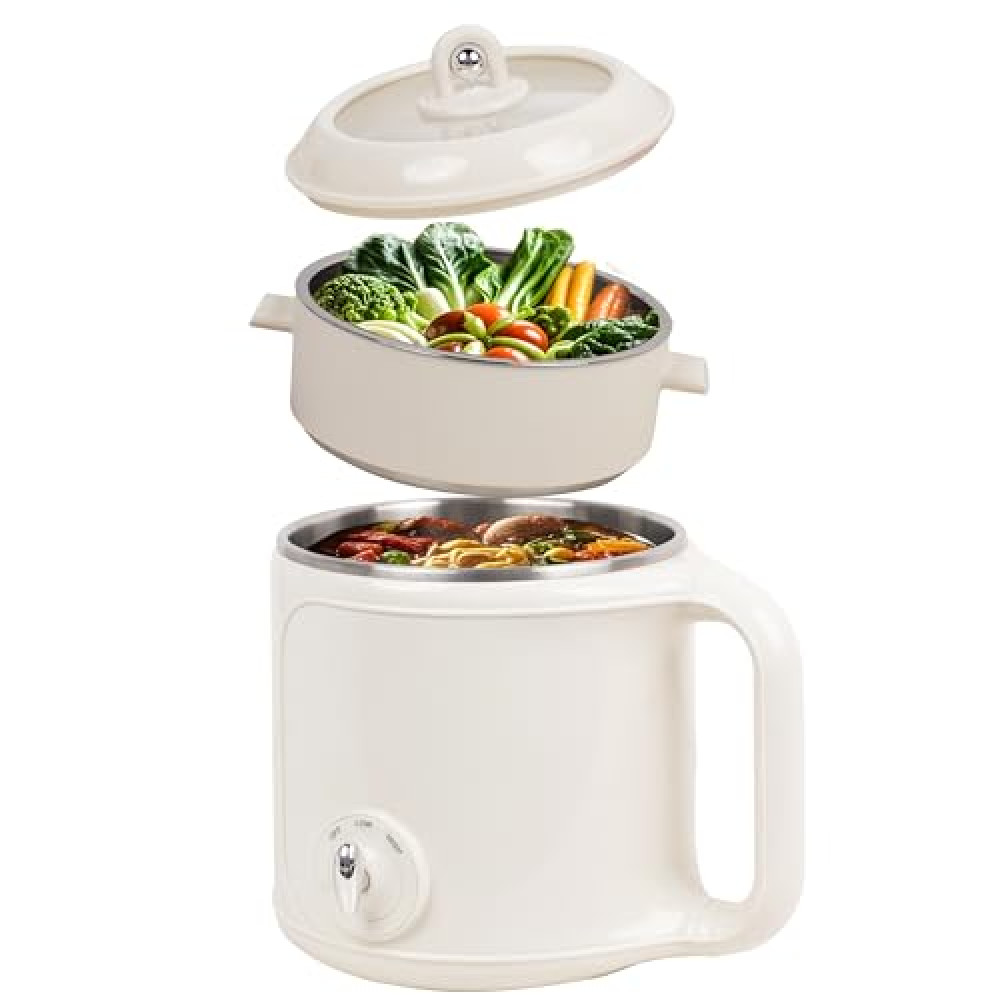 Hot Pot Electric with Steamer：2.0 L Ramen Cooker, Multifunctional Stainless Steel Electric Pot for Cooking, Portable Electric Pot, Electric Cooker with Dual Power Adjustment for Dorm, Office,Travel
