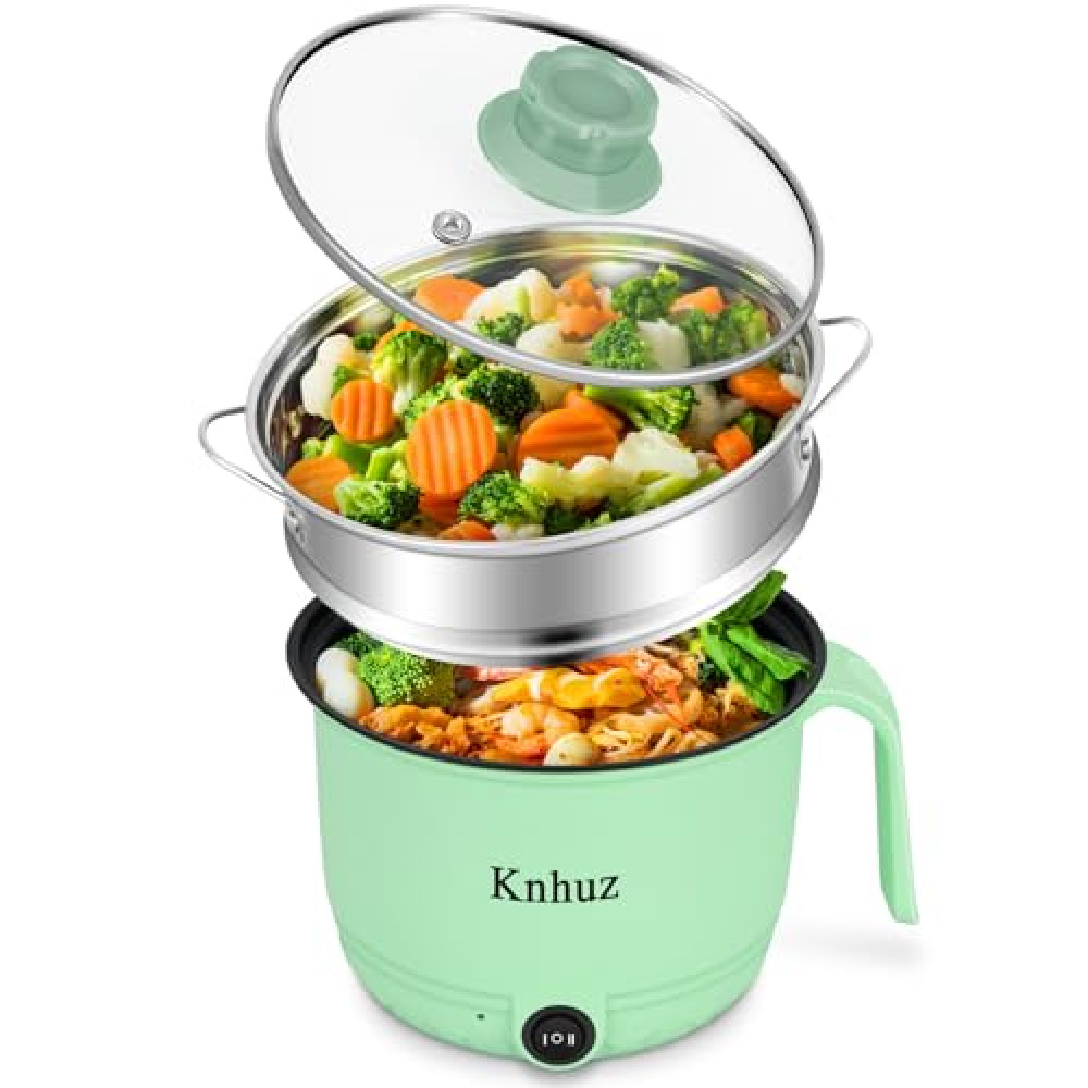 Hot Pot Electric With Steamer,Rapid Ramen Cooker,1.8L Mini Portable Self Heating Electric Pot For Cooking Noodles Oatmeal Pasta,Shabu Shabu Hotpot Pot Electric Dorm Lazy Pot,Non-Stick Green